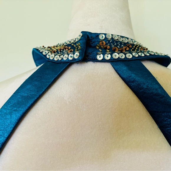 NWT Morgan & Co. US 5/6 Sheath Halter Sequin Metallic Teal Beaded Mini Dress - Picture 6 of 13